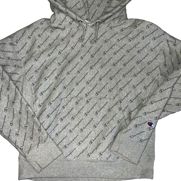 Champion Reverse Weave Hoodie Size Medium Gray Print All Over Heavyweight Hoodie - Picture 5 of 8